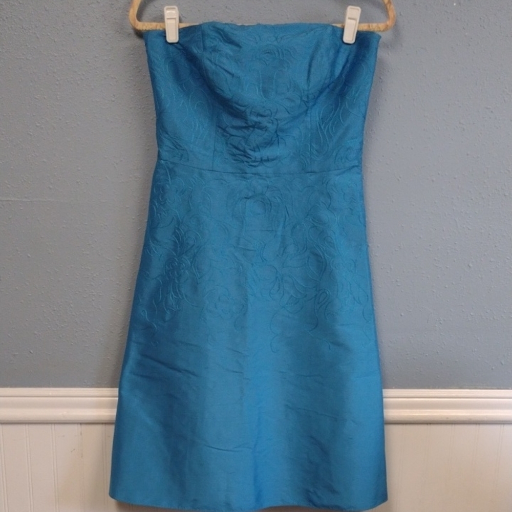 Ann Taylor Blue Strapless Sheath Mini Dress Wedding Guest, Embroidered.